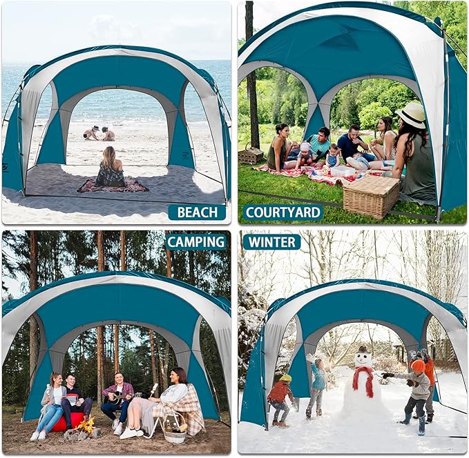 Beach Tent 12 X 12ft Large UPF50+ Pop Up Canopy with 2-Pcs Side Wall Sun Shelter Rainproof Waterproof for Camping Trips Backyard Fun Fishing Parties Or Picnics(Ocean Blue)