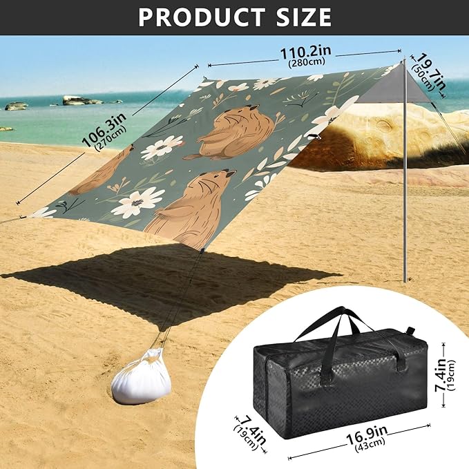 Capybara and White Flowers and Leaves Camping Sun Shelter Beach Tent Portable Beach Sun Shade Outdoor Canopy for Camping Trips Fishing Picnic