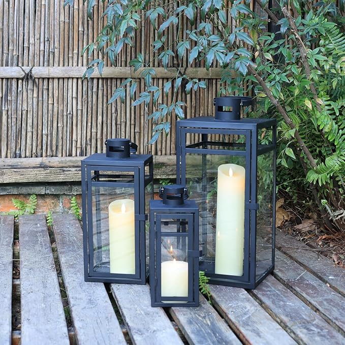 NEEDOMO Stainless Lanterns Decorative Outdoor &amp Indoor Set of 3 Outdoor Lanterns for Porch 22/ 17/14 Candle LanternStainless with Glass Water-Proof Farmhouse Patio Pathway Christmas