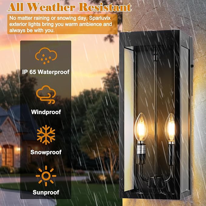 Outdoor Wall Lights 16 Inch Large 2 Pack Black Modern Exterior Lighting Fixtures Wall Mounted with 2-Candle Light Waterproof Outside Wall Sconces Coach Lamps Porch Lanterns for House E12