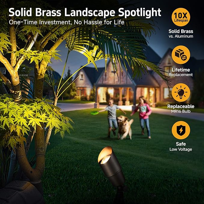 Gardenreet LED Spot Light Outdoor - Die-Cast Brass 12V Uplighting Waterproof Low Voltage Landscape Lights Metal Bronze for Fence Fountain with Warm White MR16 Replaceable Bulbs (12 Pack)