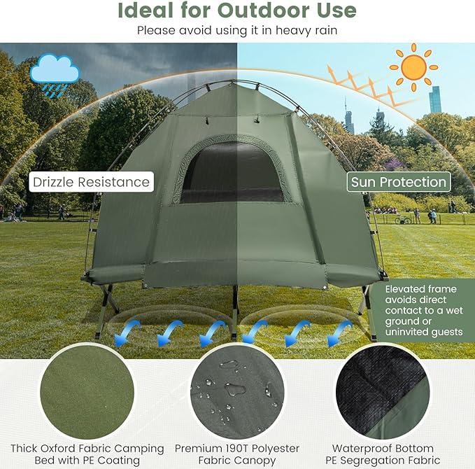 LDAILY Camping Tent Cot 5 in 1 Off Ground Elevated Tent with Air Mattress Sleeping Bag &amp Pillow Folding Camping Cot Combo with Carrying Bag for Outdoor Hiking RV Picnic Field Backyard (1 Per