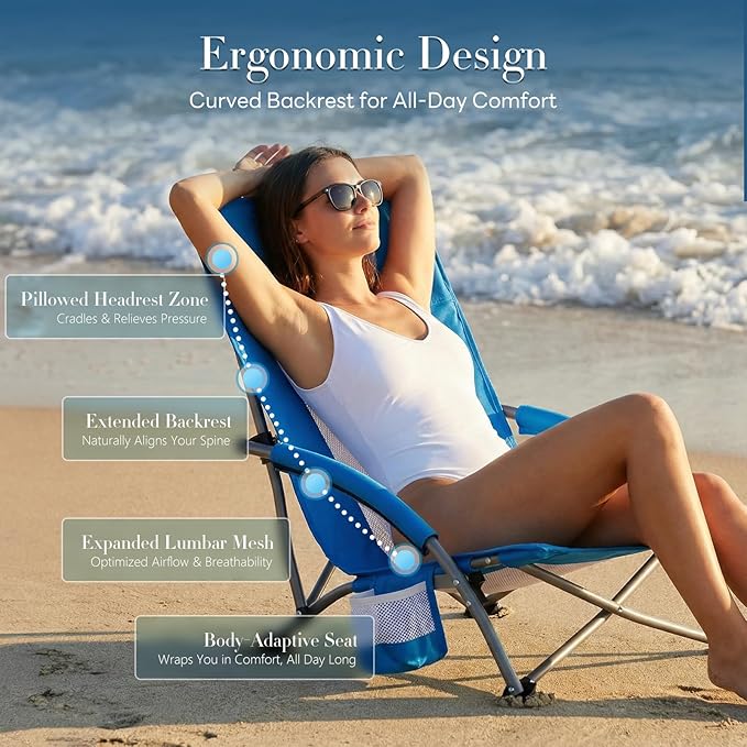 DUMOS Low Beach Chair for Adults Lightweight Folding Beach Chair with Cup Holder Storage Bag Breeze Mesh Back Padded Armrests Compact Low Profile Chair for Camp Picnic Lawn Sand