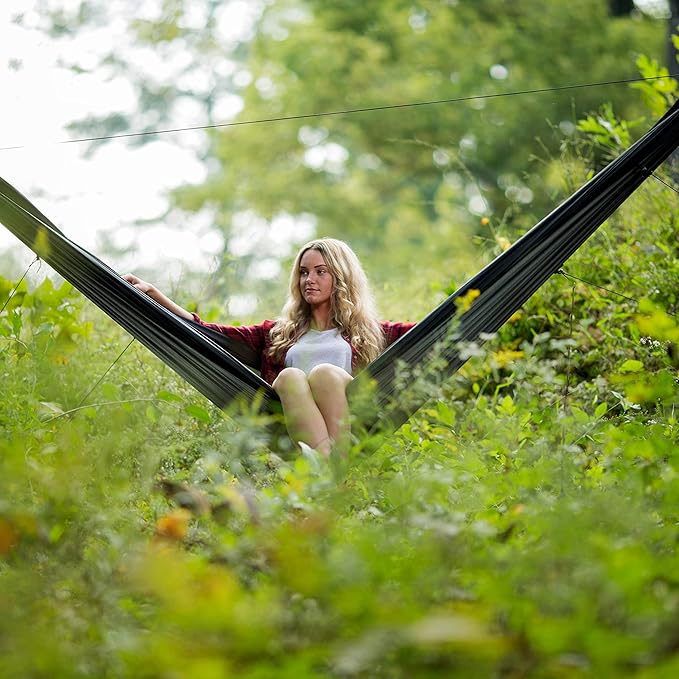 Go Camping Hammock 2.0 w/ Built-In Mosquito Net - Slate Gray by Go Outfitters: 11' Long X 64 Wide |Includes 2 Premium Aluminum Carabiners Rapid Deployment Bag 4 Stakes &amp 4 Shock Cords