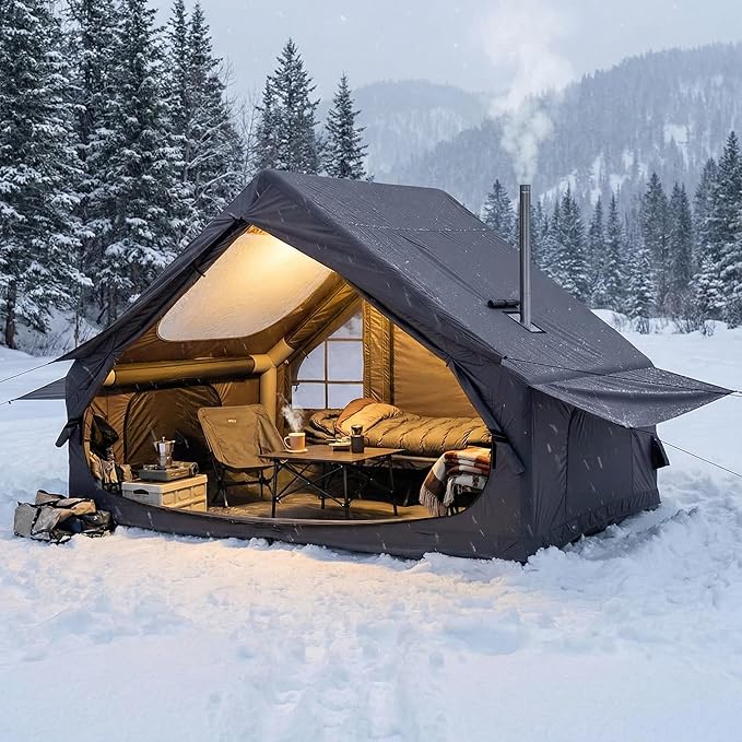 Inflatable Camping Tent with Electric Air Pump - 420D Heavy Duty Oxford - 5 Min Auto-Inflation - Panoramic Stargazing Skylight - 4 Season Luxury Glamping Cabin 4-10 Person Multiple Sizes
