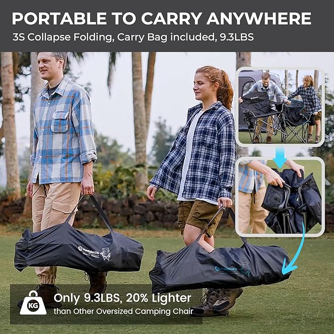 FUNDANGO Oversized Camping Chair for Adults Heavy Duty Portable Foldable Lawn Chair with Padded Seat &amp Back Lumbar Support 4-can Cooler &amp Cup Holder Carry Bag Included for Outdoor
