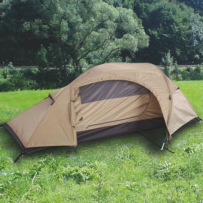 Mil-Tec Recom 1-Person Compact Lightweight Durable Weatherproof Wind &amp Storm-Resistant Easy-to-Install Tactical Outdoor Hiking Camping Tent with Zipper Entrance &amp Mosquito Net