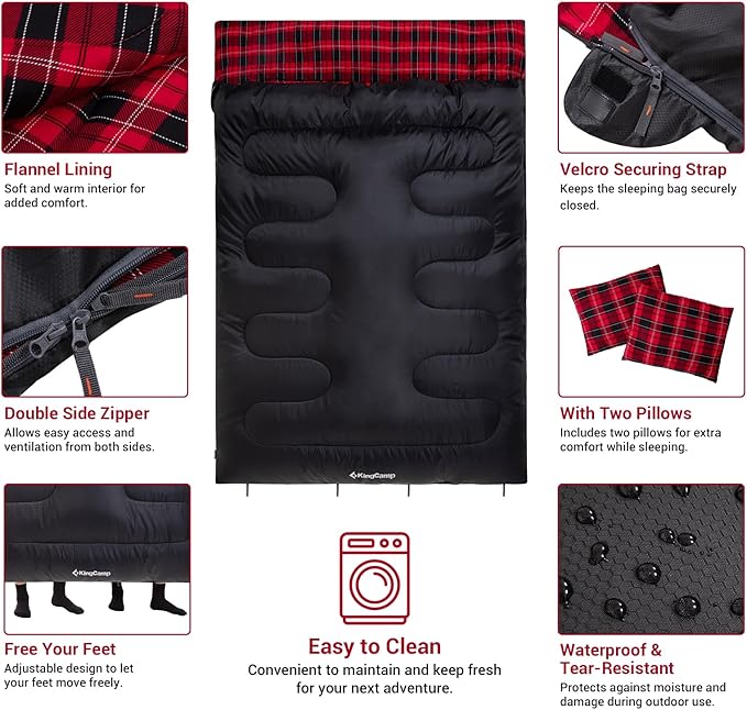 KingCamp Double Sleeping Bag for Adults Queen Size 2 Person XXL Flannel Sleeping Bag Waterproof Lightweight Flannel Quilt with 2 Pillows Perfect for Couples Family Camping Hiking