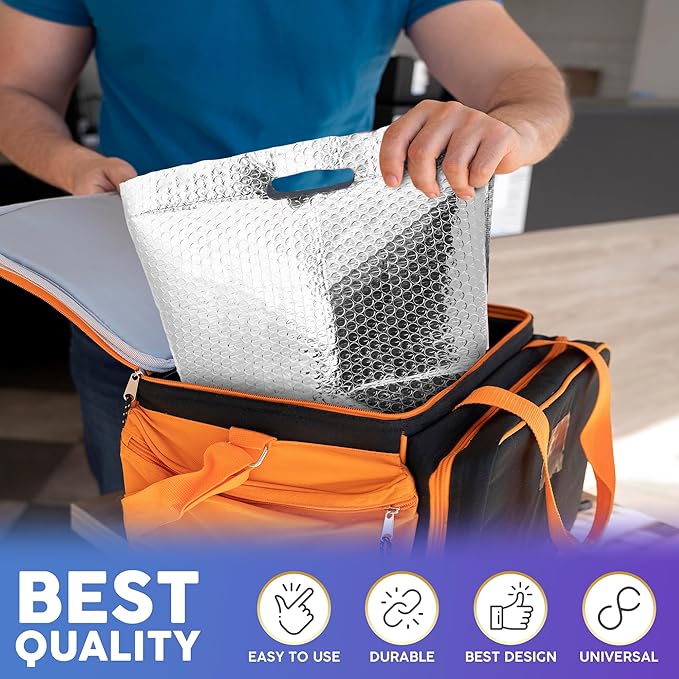 APQ Insulated Foil Bag With Handles 12 x 10 x 9 Inches. 5 Pack Thermal Bags for Frozen Food. Metallized Foil Box Liners With Bubble Cushion. Shipping Bags for Food Cosmetics