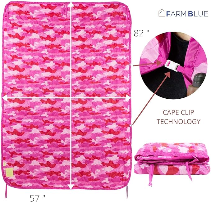 Farm Blue Pink Camo Military Camping Blanket - Woobie Blanket Poncho Liner - for Hiking Gear Backpacking and Car Survival Blankets - Unique New Pretty N Pink Custom Pattern Avail at