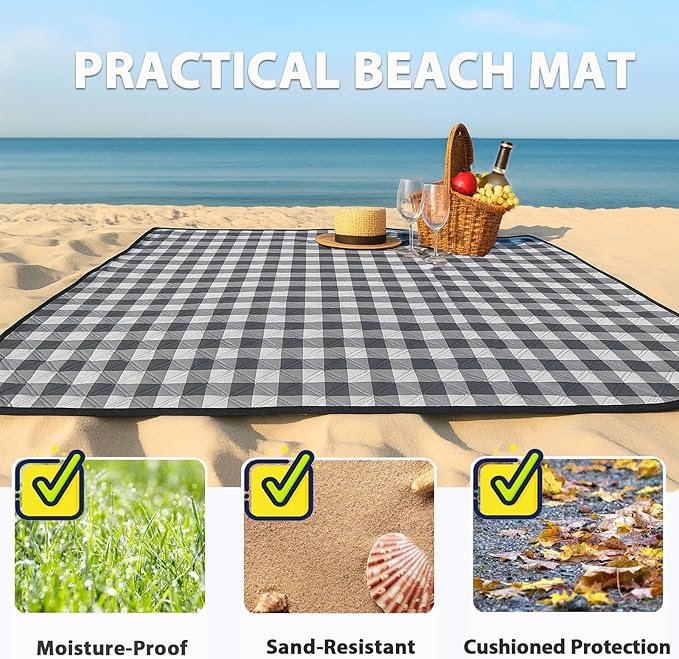 TigeJoy Extra Large Picnic Blanket Waterproof Foldable 80''x80'' Outdoor Picnic Mat Beach Blanket Sandproof for Park Grass Travel Hiking Camping Essentials Gingham Picnic Blanket