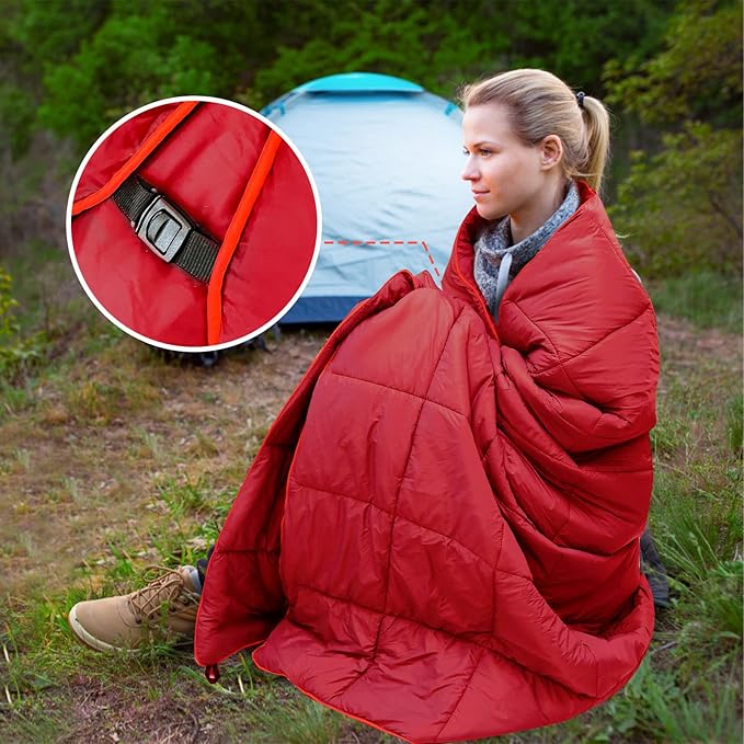 Outdoor Puffy Camping Blanket Lightweight Down Alternative Puffy Printed Camping Large Ultra Warm Hammock Top Quilt Waterproof Blanket for Traveling Picnic Beach Party Cold Weather (Red)