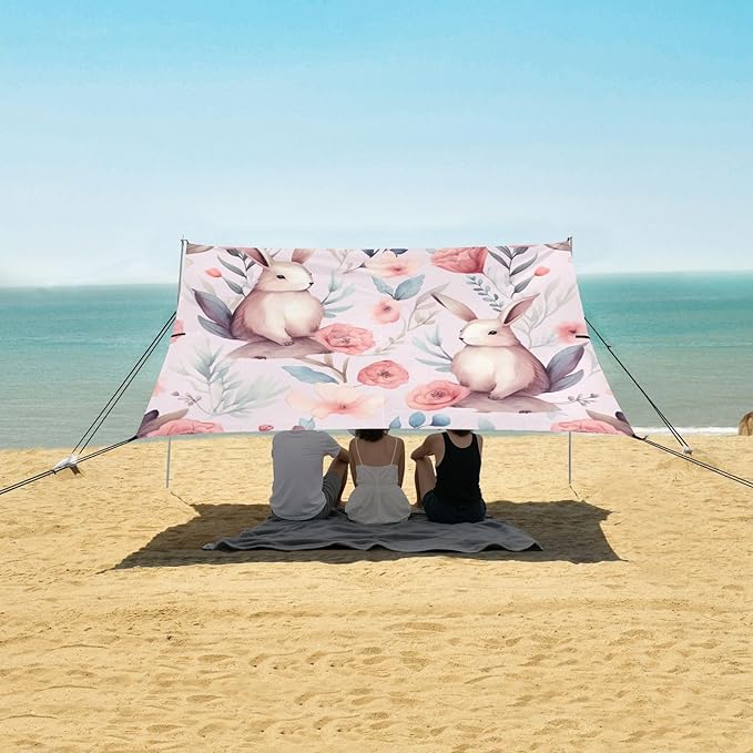 Bunnies Pink Beach Tent Sun Shelter 9.2' x 10.5' Beach Canopy with 4 Sandbags 4 Stability Poles Sand Shovels - Tent Canopy for Beach Camping Fishing Picnics