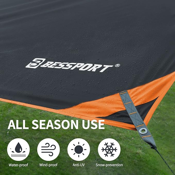 Bessport Camping Tarp 16×9.8FT with 2 Poles Lightweight Car Awning Sunshade Portable Multifunctional Backpacking PU 3000mm Waterproof Rain Fly Hammock Tarp for OutdoorTraveling Hilking
