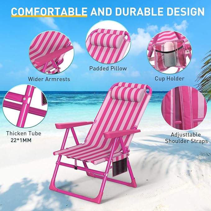 Slendor Backpack Beach Chair 6-Positions Beach Chairs for Adults with Cooler Bag Reclining Beach Chair with Cup Holder Folding Camping Chair for Outside