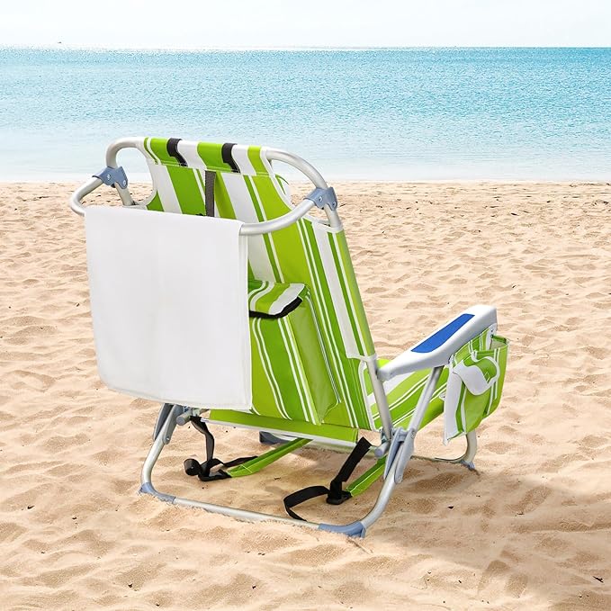 Backpack Beach Chairs Low 5 Position Beach Chair with Pouch Straps Folding Lightweight Reclining Aluminum Lay Flat Single (Green Stripes Low)