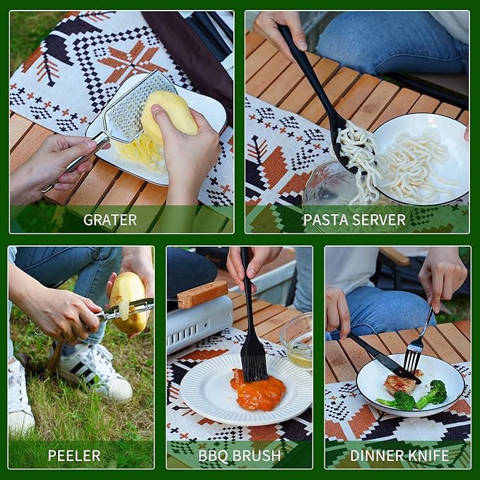 Camping Cooking Essentials Utensils Set - Camp Cookware Kitchen Accessories Kit Camper Gear Must Haves Stainless Steel &amp Silicone RV Car Portable Outdoor Equipment Tool