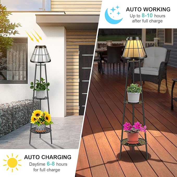 MXwcy 2 Pack Solar Lights Outdoor with Plant Stands Solar Floor Lamp Metal Tripod Patio Lights for Garden Yard Pathway Driveway Front/Back Porch Decoration