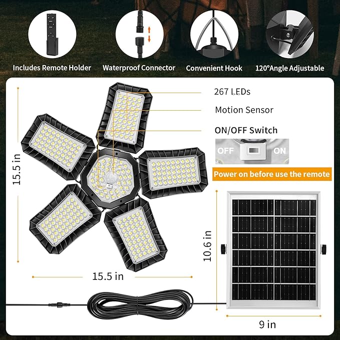 Solar Shed Light Indoor Outdoor Upgrade Large 267LED Solar Powered Motion Sensor Pendant Light Works Day &amp Night Solar Indoor Light with 2 Lighting Modes + Timer &amp Remote for Shed Gazebo Gar