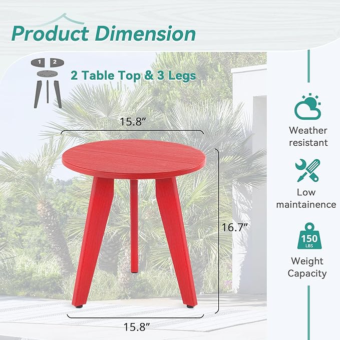 HDPS Outdoor Side Table Small Round Side Table Weather-Resistant Outdoor Side Tables for Patio Porch Deck End Table for Plant Stand Living Room Bedroom Red