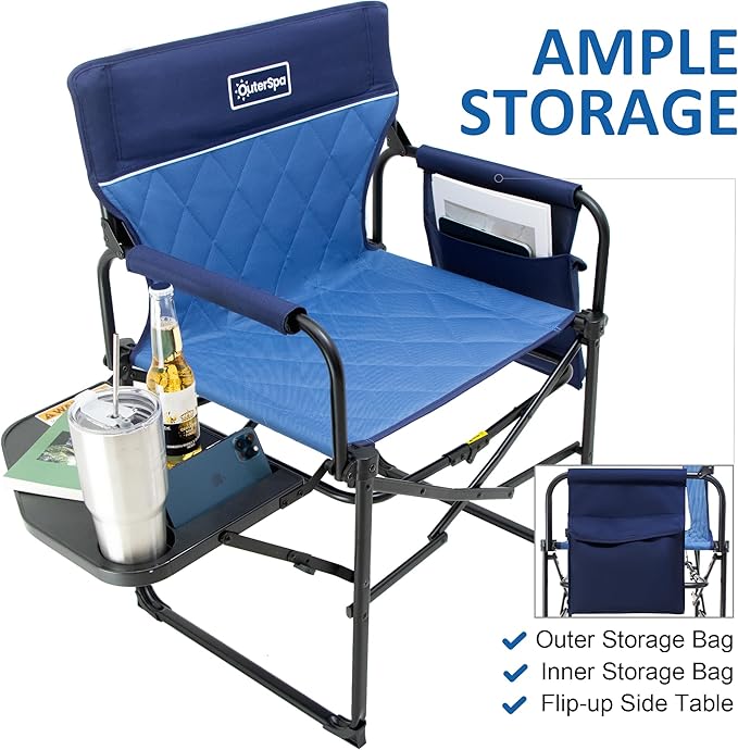 Camping Folding Chairs for Outside Foldable Camp Chairs for Adults Heavy Duty Oversized Directors Camping Chair with Table for Picnic Lawn Large Comfy Camping Chair 350 LBS Capacity Blue
