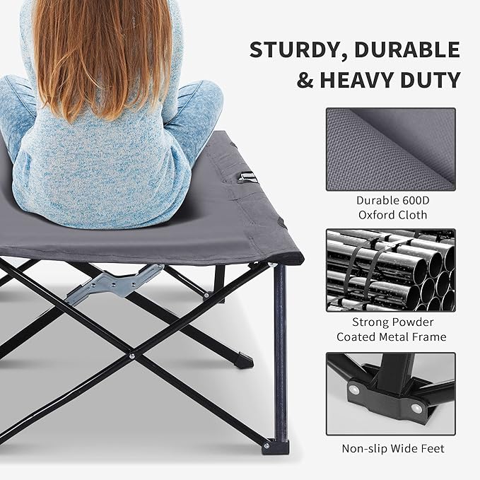 Gray Double Portable Camping Cot - 50-Inch Wide Elevated Steel Bed 300 lbs Weight Limit Foldable with Travel Bag for Outdoor Adventures