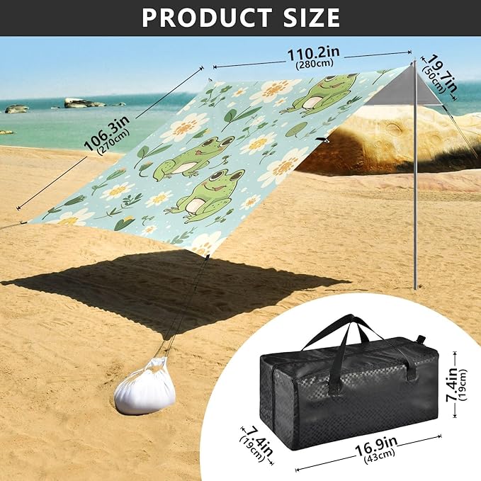 Cute Kawaii Frogs Beach Tent Sun Shelter 9.2' x 10.5' Beach Canopy with 4 Sandbags 4 Stability Poles Sand Shovels - Tent Canopy for Beach Camping Fishing Picnics