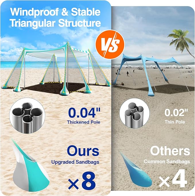 Rhino Valley Beach Tent Shade Canopy UPF50+ Protection 8 Sandbags 4 Stability Poles Outdoor Sun Shelter Umbrella for Sand Camping Fishing Essentials