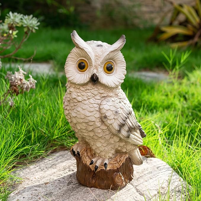 Solar Owl Garden Statues Outdoor Decor Resin Owl Figurine with LED Lights Owl Sculpture for Porch Patio Lawn Yard Decorations Christmas Housewarming Gifts for Women MomWhite Owl