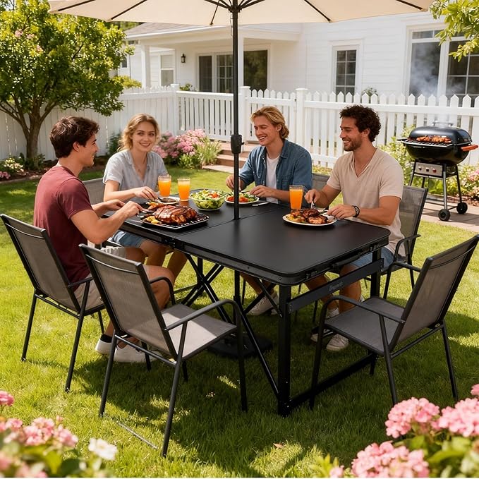 4FT x 2FT Folding Camping Table Adjustable Height with Umbrella Hole Aluminum Alloy Legs Foldable Portable Outdoor Table for Picnic Travel Parties Kids Craft Market Vendor Use