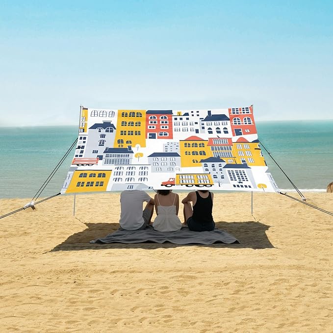 Hand Drawing Building Truck Camping Sun Shelter Beach Tent Portable Beach Sun Shade Outdoor Canopy for Camping Trips Fishing Picnic