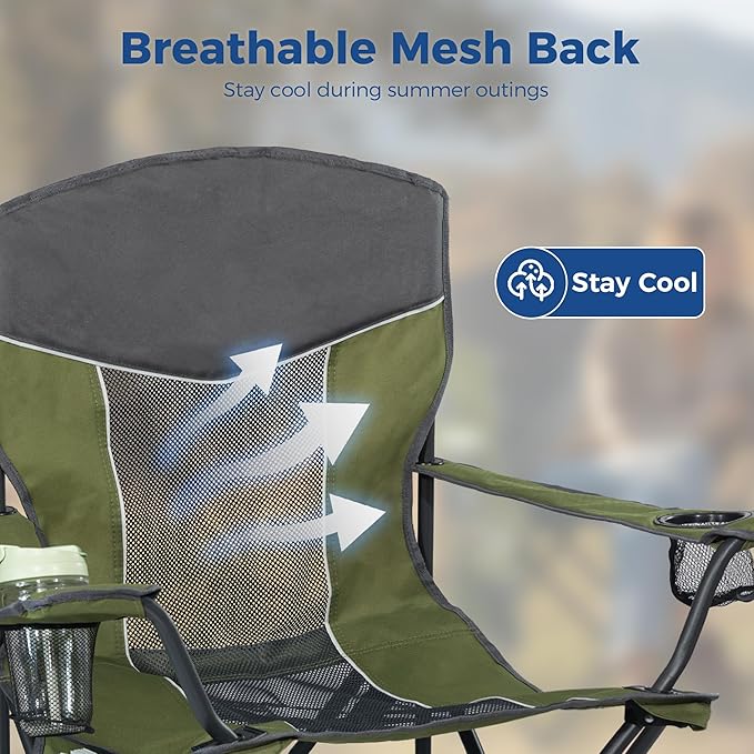 Outdoor Camping Chair 2-Pack with Mesh Back Folding Portable Lawn Chairs with Cup Holder &amp Side Storage Pocket for Camping Beach Picnic Fishing(Green)