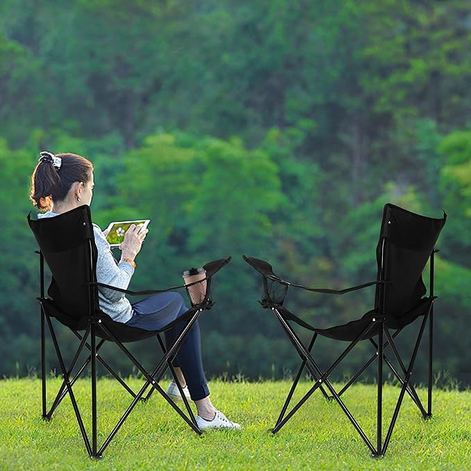 Leonyo 2Pcs Folding Camping Chairs Outdoor PortableLawn Chairs for Adults with Cup Holders Carrying Bag for Outside Beach Sports Hiking Black