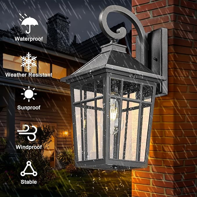 Darkaway Large Outdoor Wall Lights for House 18inch Exterior Lighting Fixtures Wall Mount Outdoor Porch Lights Waterproof Black Outdoor Sconce Lights with Seeded Glass for Patio Hallway Garage