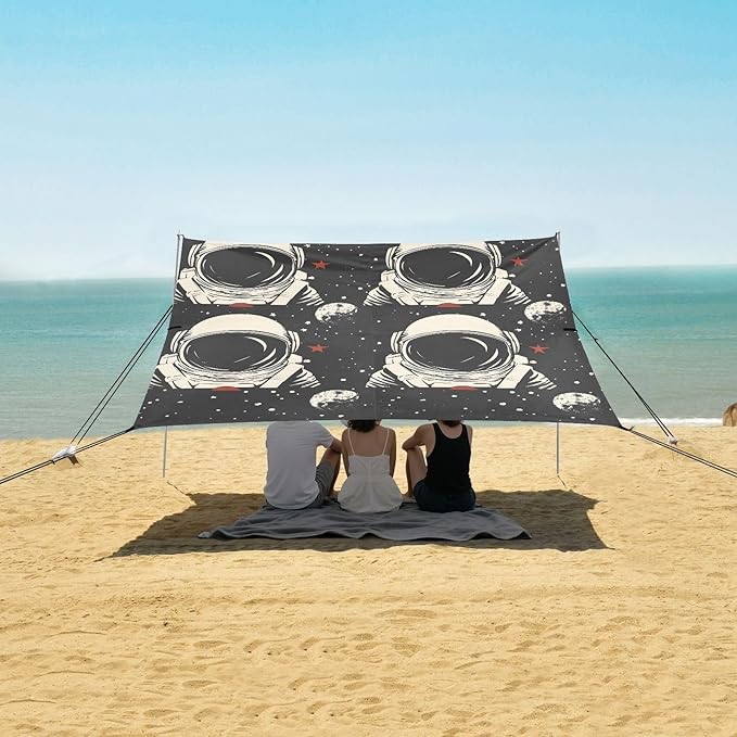 ALAZA Astronaut Portrait Moon Starry Sky Beach Tent Sun Shelter UPF50+ Protection Beach Shade Canopy w/ 4 Sandbags for Outdoor Camping Fishing Backyard Fun Picnic 10x9 ft