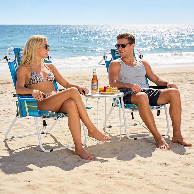 MOPHOTO Tall Beach Chairs for Adults 17 High Backpack 5-Position Tanning Chair with Cooler Bag &amp Cup Holder Heavy Duty Lay Flat Reclining for Beach Patio Camping Supports 350 lbs