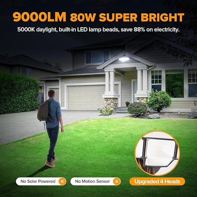 LUTEC 80W Dusk to Dawn Flood Lights Outdoor 9000LM Super Bright LED Security Light with Photocell IP65 Waterproof 5000K Daylight Hardwired 4 Heads Floodlight for Garage Yard Patio (Brown)