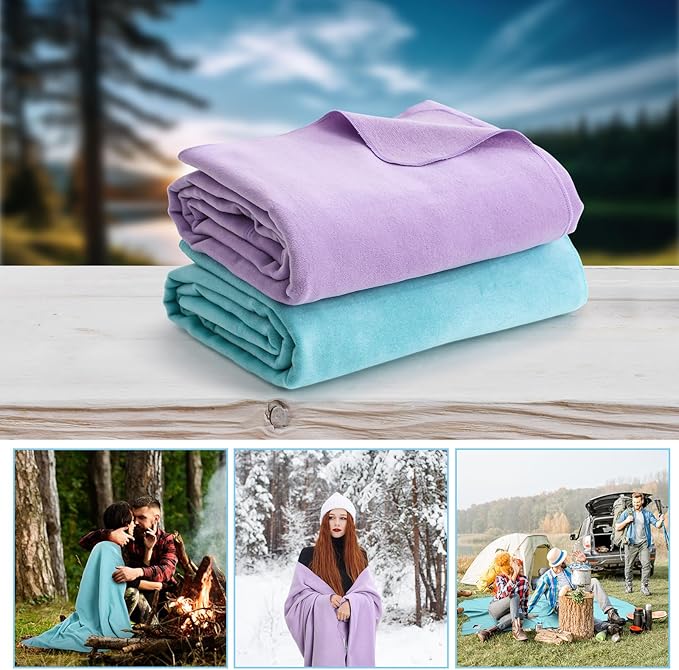 Peryiter 2 Pcs Military Wool Blanket Large 64 x 88 Camping Blanket Survival 3.3 Lbs Each Thick Thermal Washable Emergency Blanket for Outdoors Sporting Events Survival Kits (Purple Bean Green)