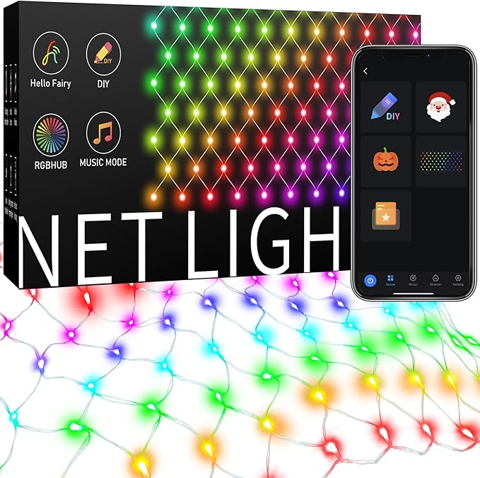 4ft x 18ft Smart Christmas Net Lights Outdoor Mesh Lights 300 LEDs Bluetooth App Prpgrammable 105+ Scene Modes Music Sync IP44 Waterproof Timer RGB Bush Light for Tree Fence Holiday Decorations