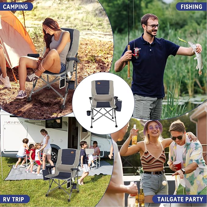 Ablazer Camping Chairs for Adults Support 350 LBS Folding Chairs for Outside Lawn Chairs Heavy Duty with Cooler Bag &amp Cup Holder (Blue &amp Grey)