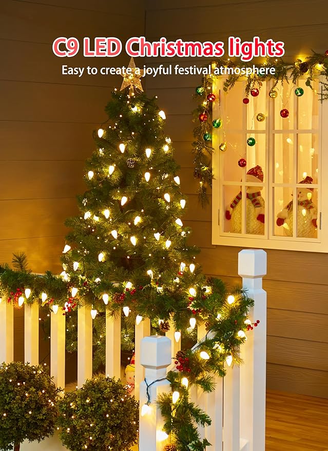 C9 Christmas Lights Outdoor 114 Feet 150 LED C9 String Lights with Timer &amp 8 Light Modes Waterproof Commercial Grade Connectable Christmas Tree Lights for Indoor Outside Roofline Patio Warm Whi
