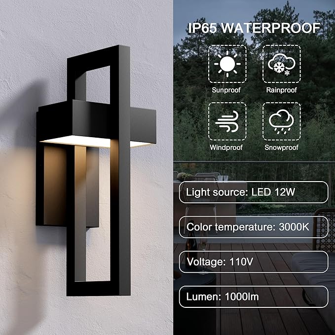 Krychiler 16.5 Inch Contemporary Outdoor Wall Lights with 3000K Integrated LED 2 Packs Matte Black Metal Modern Exterior Lighting Fixtures Outside Wall Mount for House Porch Patio Garage Front Door