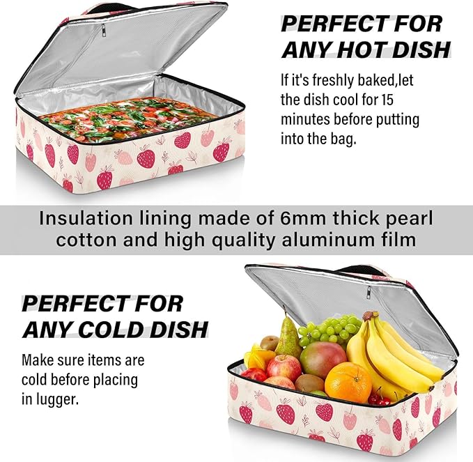 Casserole Carrier Hand-drawn StrawberriesInsulated Casserole Carrier for Hot or Cold Food Thermal Lunch Tote for Potluck Parties Picnic Beach Fits 9 x 13 Inches Baking Dish