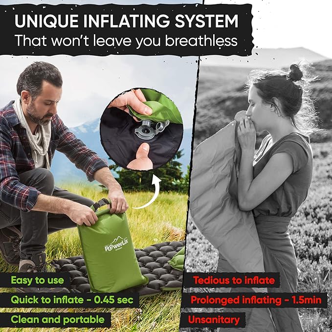 POWERLIX Ultralight Inflatable Camping Sleeping Pad - Camping Mattress Sleeping Mat for Backpacking Hiking Compact Lightweight Sleeping Pad for Camping Inflation Bag/Repair Kit Included