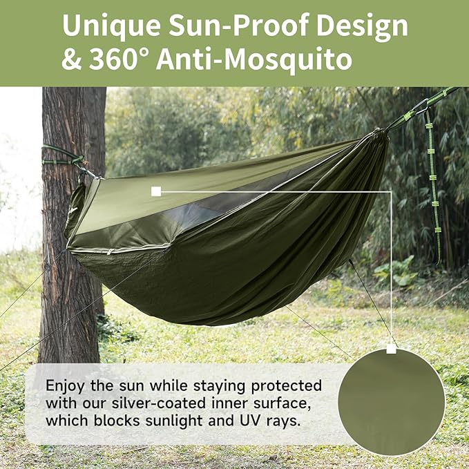 Camping Hammock with Mosquito Net and Sunshade Backpacking Hammock with Ridge Rope Tree Straps Lightweight Portable Hammocks for Outside Hiking and Travel