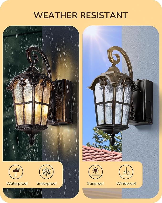 EDISHINE 2 Pack Dusk to Dawn Outdoor Wall Lights Porch Lights with GFCI Outlet Retro Black Outdoor Wall Lantern Waterproof Outside Exterior Light Fixture for Front Door Patio Garage E26 Socket