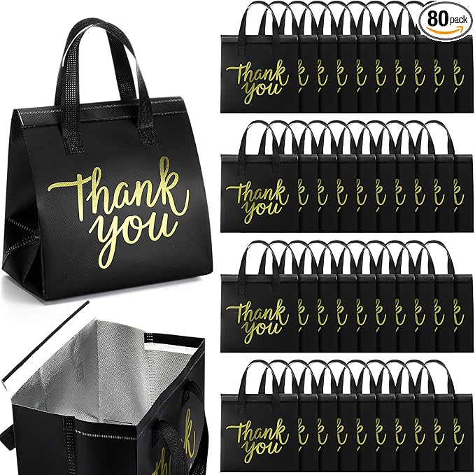 Aliceset 80 Pcs Thank You Insulated Bags for Food Delivery Bulk 9. 5 x 9. 5 x 6 Inch Take Away Bags Thermal Insulation Bag for Hot Cold Food Coffee Milk Seafood Pizza Catering Restaurant Grocery