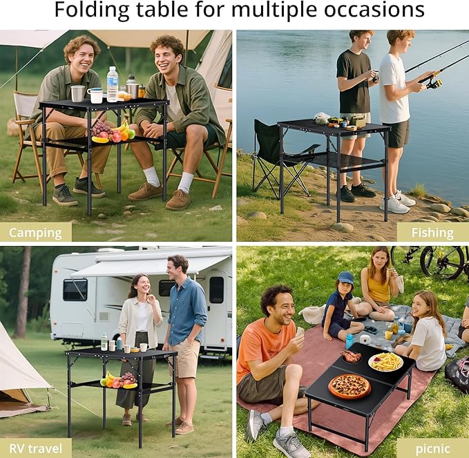 Anbte 3ft Camping Table Foldable with Storage Net 3 Heights Max 29.5 Aluminum Camping Table with Portable Handle Lightweight for Travel Outdoor Beach Picnic Patio Indoor 36 x 24 Pure Black