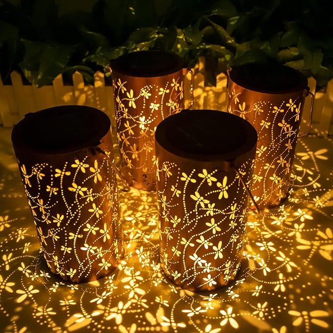 YISITEONE 4-Pack Dragonfly Outdoor Solar Lanterns Garden Waterproof Metal Hanging Decor Lights for Patio Yard Pathway Lawn Front Porch Birthday Gardening Gifts for Women Mom Grandma