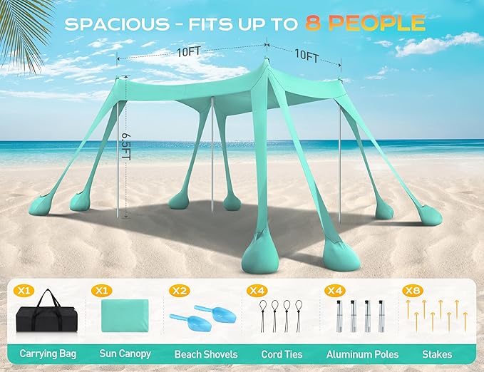 Rengue Beach Tent Beach Canopy UPF50+ UV Protection 10x10ft Beach Shade Sun Shelter with 8 Sandbags Sand Shovels Ground Peg Stability Poles for Camping Fishing Picnic Backyard Fun Light Green
